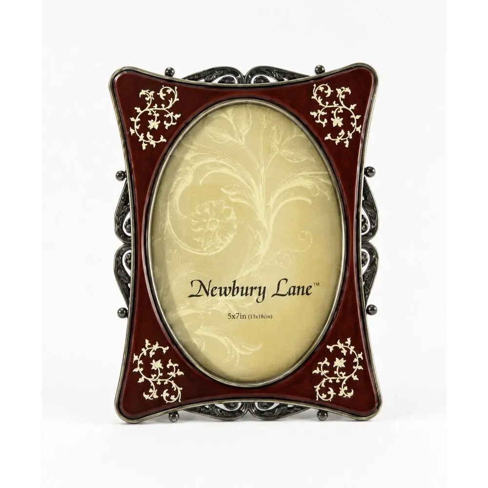 Newbury Lane Cast Pewter Picture Frame 5x7 Wood Look Inlay Ornate Scrollwork
